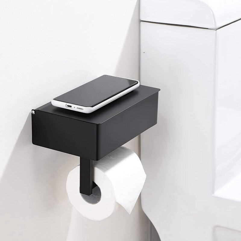 Wall Mount Toilet Paper Holder with Phone Shelf Aluminum Alloy Tissue Roll Storage Shelf Kitchen Bathroom Accessories